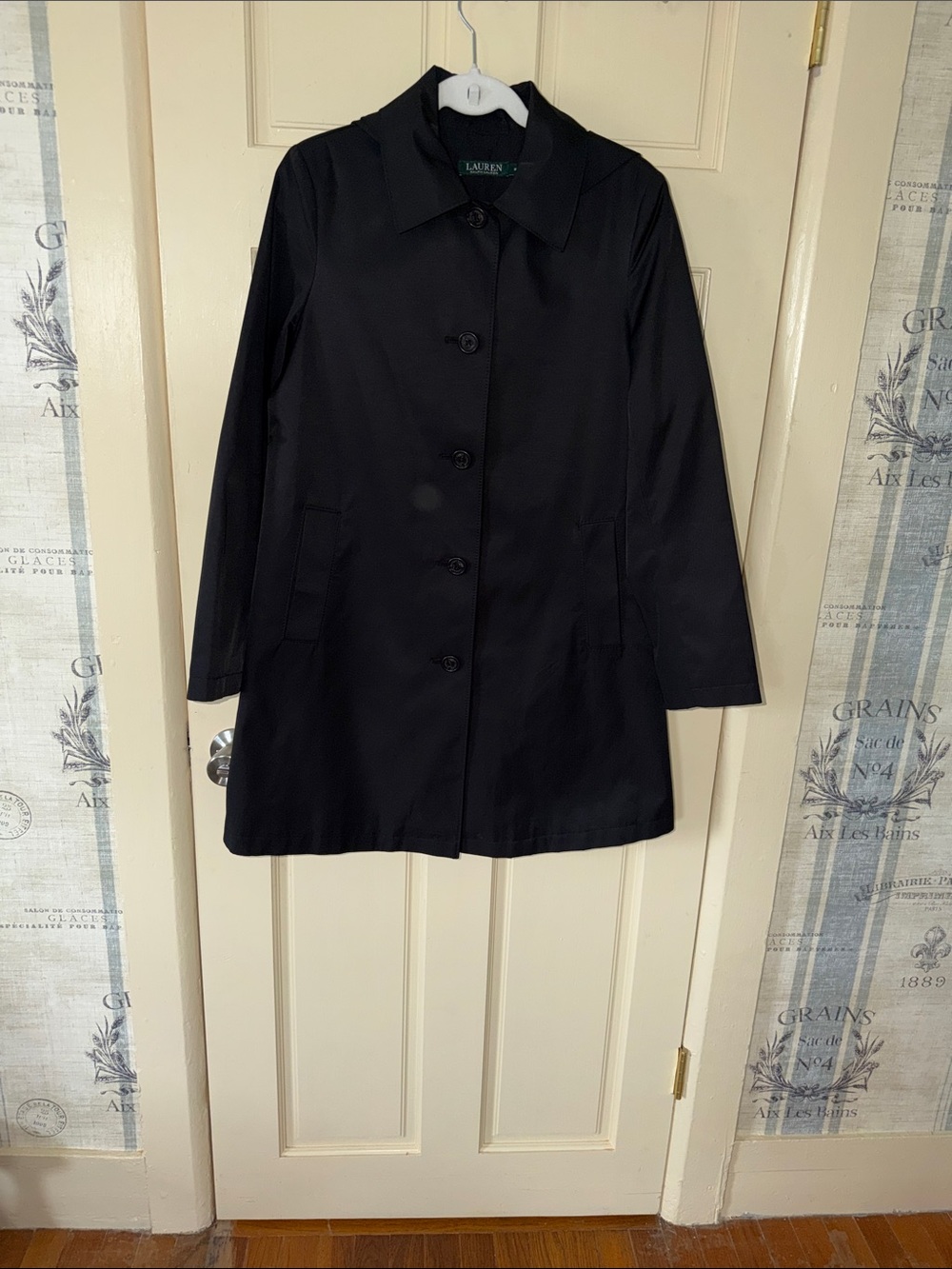 Lauren Ralph Lauren Black Single-Breasted Trench Coat with Hoddie